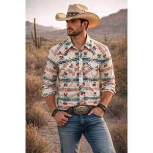 Rock & Roll Denim Pearl Snap Aztec South Western Button Up Shirt Mens Size Large